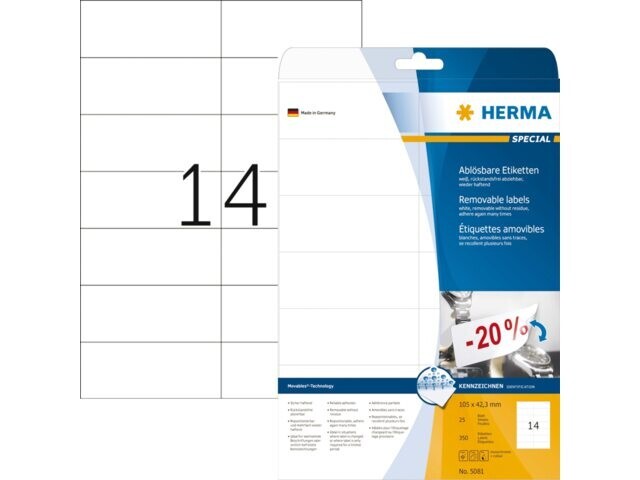 Etiket HERMA 5081 105x42.3Mm verwijderbaar wit 350stuks