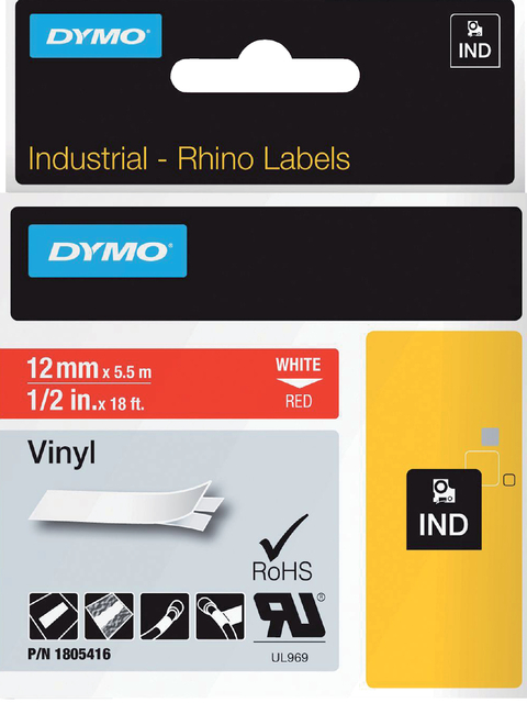 Labeltape Dymo 1805416 Rhino 12mmx5.5m Rood/Wit