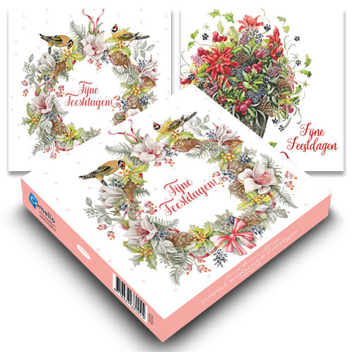 Janneke Brinkman doosje kerstkaarten 5 / Krans vogels - kerststuk in mand