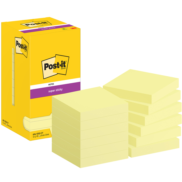 Memoblok 3M Post-it 654 Super Sticky 76x76mm geel; doos 12 stuks