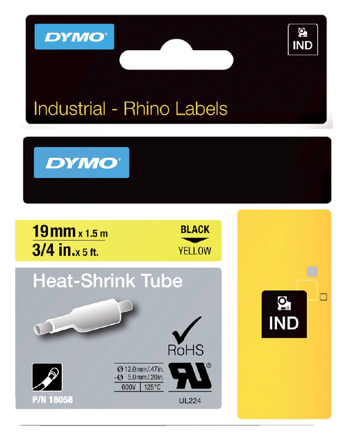 Labeltape Dymo Rhino 18058 krimpkous 19mmx1.5m zwart op geel