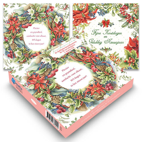 Janneke Brinkman doosje kerstkaarten 3 / Kerstkrans - Hulstbesjes met kerstappel