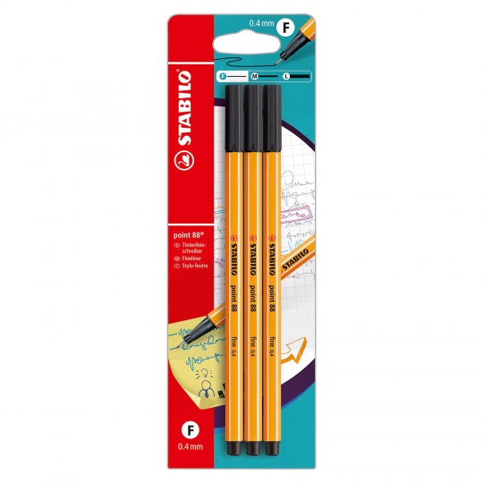 Fineliner Stabilo Point88 zwart, blister à 3