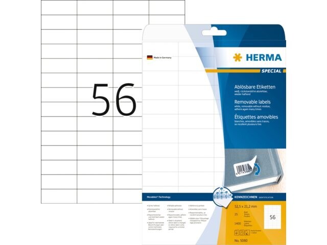 Etiket HERMA 5080 52.5x21.2mm verwijderbaar wit 1400stuks