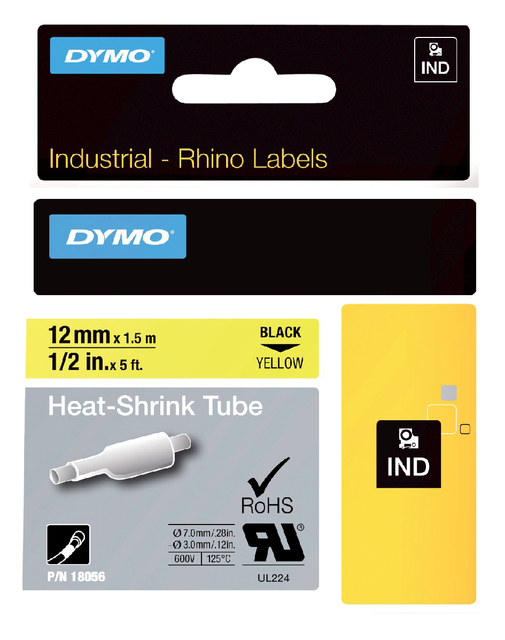 Labeltape Dymo Rhino 18056 krimpkous 12mmx1.5m zwart op geel
