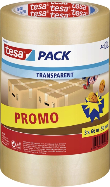 Verpakkingstape Tesa 57008 50mmx66m transparant promopack 3 rol