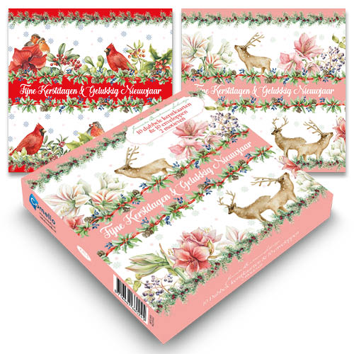 Janneke Brinkman doosje kerstkaarten 2 / Herten (Roze) -  Rode kardinaal en vogels