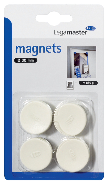 Magneten Lega 30mm rond wit; BLISTER 4 stuks
