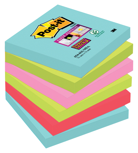 Memoblok 3M Post-It 654-SSMI Super Sticky 76x76mm Miami pak à 6