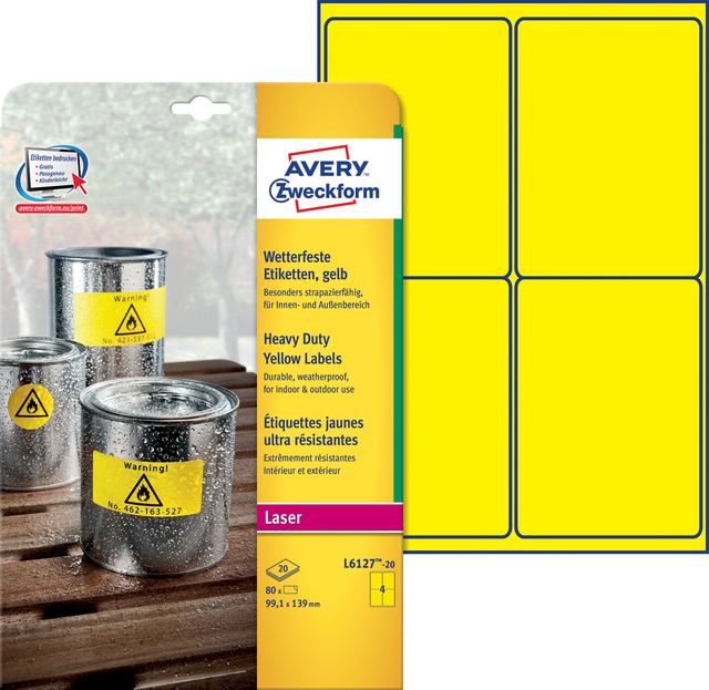 Etiket Avery L6127-20 99.1x139mm Geel 80stuks