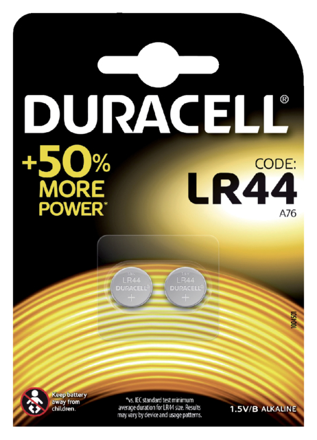 Batterij Duracell knoopcel LR44 alkaline Ø11,6mm 2 stuks