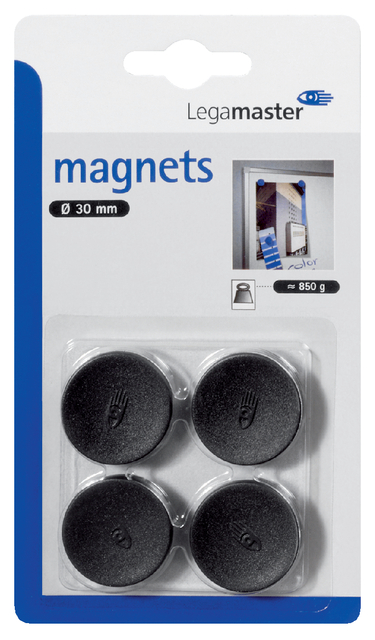 Magneten Lega 30mm rond zwart; BLISTER 4 stuks