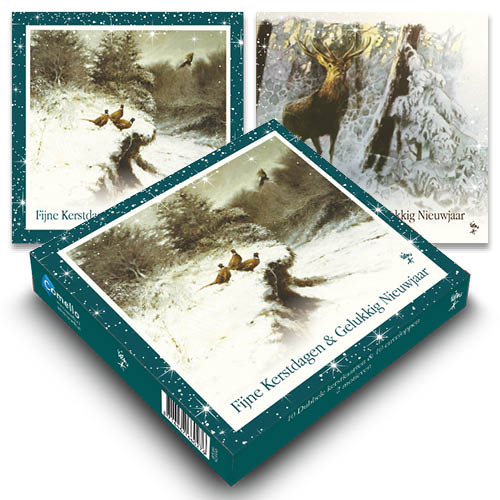 Rien Poortvliet natuur doosje kerstkaarten 9 / fazanten - Hert in de sneeuw