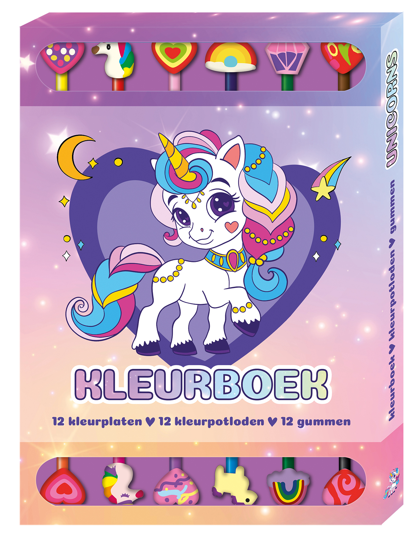 Kleurboek Box met 12 potloden en gummen - Unicorns