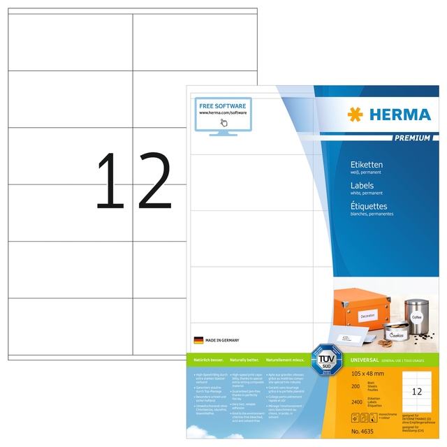 Etiket Herma 4635 105x48mm Premium Wit 2400 Etiket