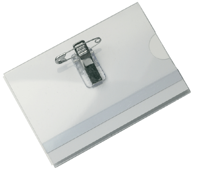 Badge Opus 2, 75x40mm  speld & clip; ds 24st.