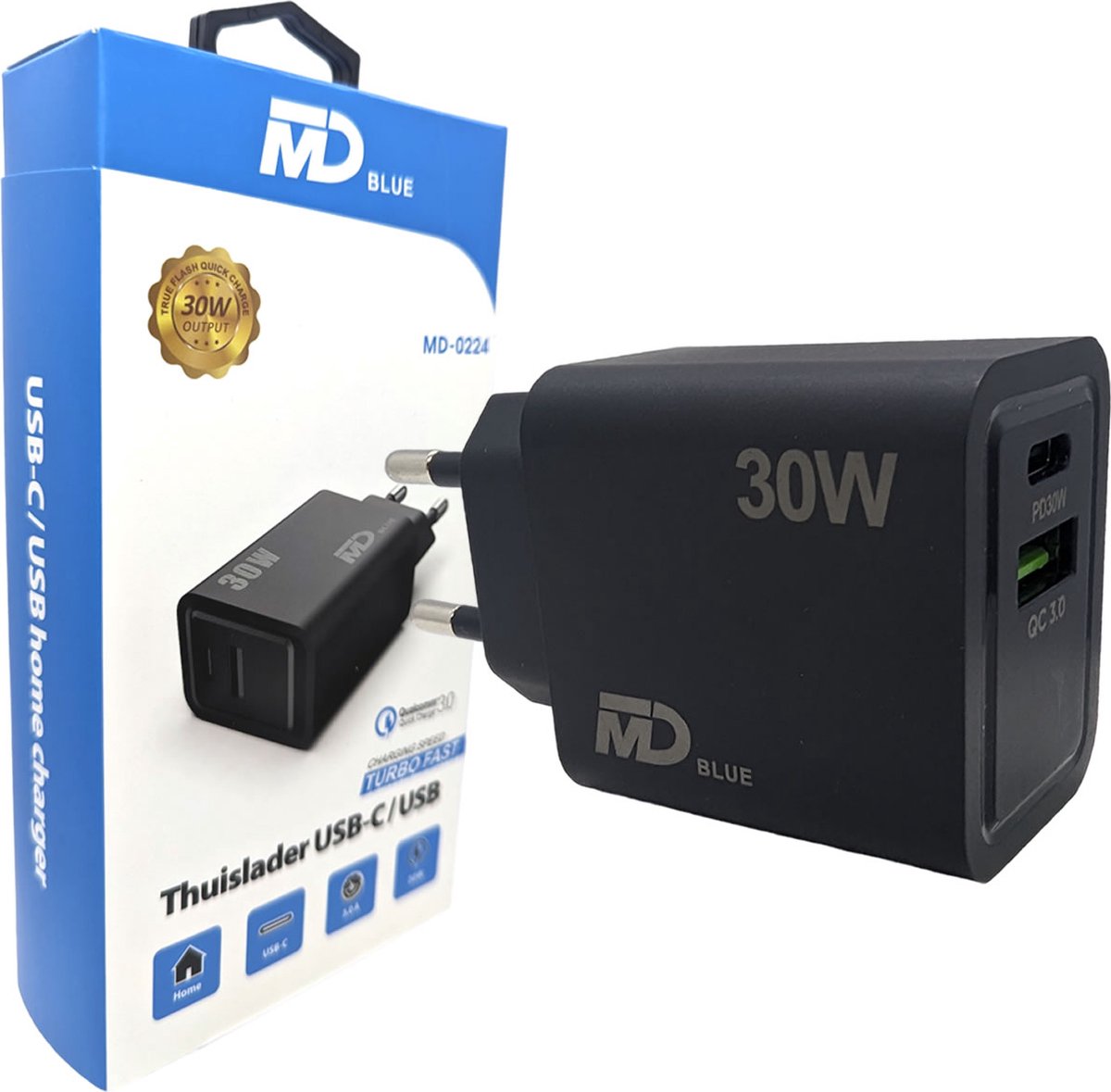 MDblue Oplader 1 x USB-C - 1 x USB-A - Snellader -