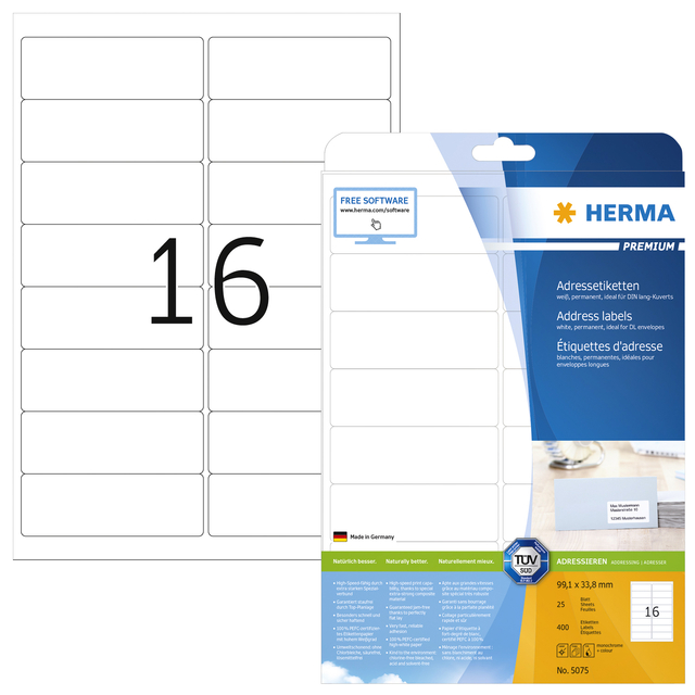 Etiket HERMA 5075 A4 99.1x33.8 mm premium 400stuks wit